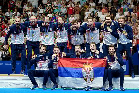Men's water polo: Serbia's team celebrate after winning gold